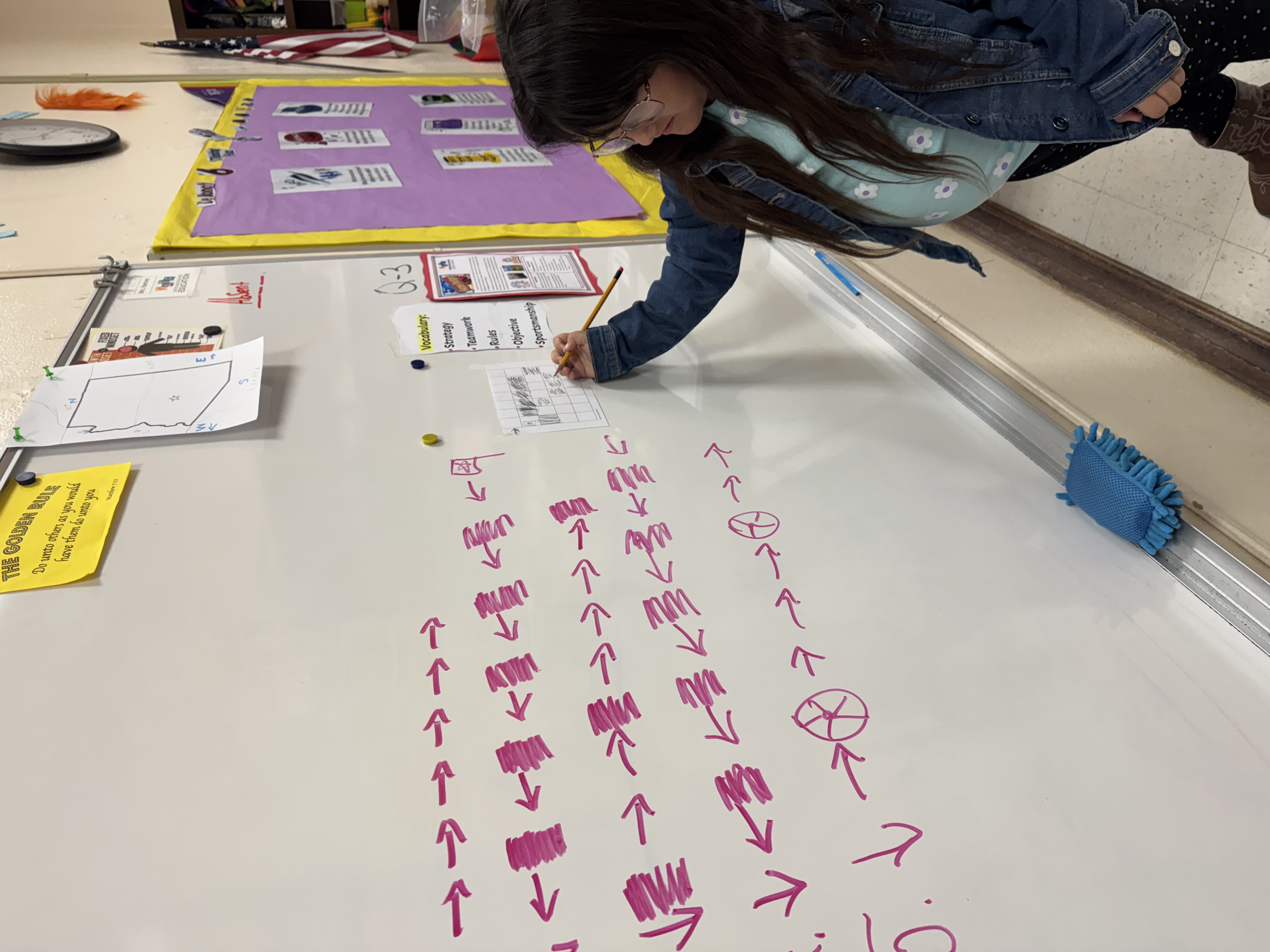 Student coloring a matrix design on her paper by shading the pattern the arrows show on the whiteboard.