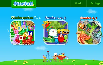 Starfall Website Picture shows activities for Kindergarten and pre-K, Grades 1,2,3 and Grades 4,5. At the top are the words Starfall and Sign in and Settings. Little cartoon characters are at the bottom of the picture.