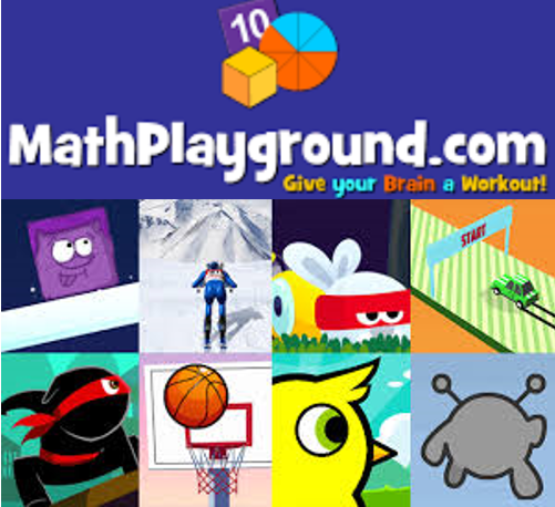 Picture with words MathPlayground.com Give your Brain a Workout! There is a number 10 and math symbols at the top and cute cartoon characters at the bottom to entice students to play.