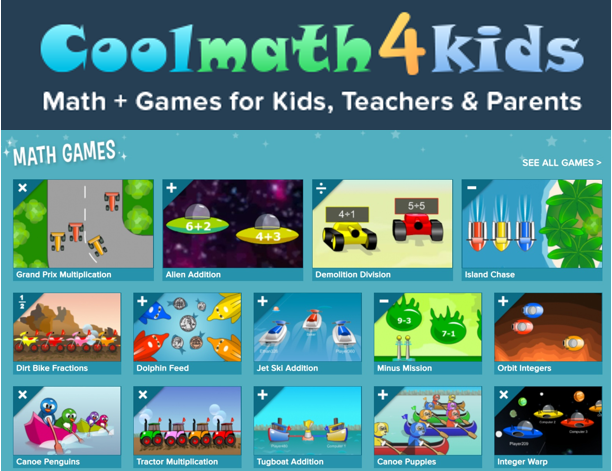 Coolmath4kids Math + Games for Kids, Teachers & Parents Math Games with the names of 12 different math games:Grand Prix Multiplication, Alien Addition, Demolition Division, Island Chase, Dirt Bike Fractions, Dolphin Feed, Jet Ski Addition, Minus Mission, Orbit Integers, Canoe Penguins, Tractor Multiplication, Tugboat Addition, Canoe Puppies, and Integer Warp