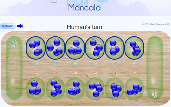 Picture of Mancala Game with the words Options and Human's turn as well as the number four to show the number of stones in each tray with 0 to show the end trays are empty of stones.