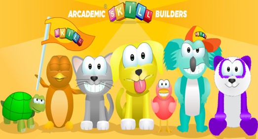 Picture of cartoon animals with the words Arcademic Skill Builders and one of them holding a flag that says skills