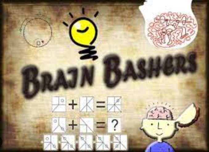 Picture of A head with the brain showing like a lid opening up and some puzzle equations along with a lightbulb and the words Brain Bashers