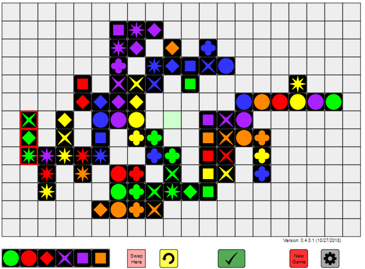 Picture of an online game board showing Qwirkle game being played against a computer opponent.
